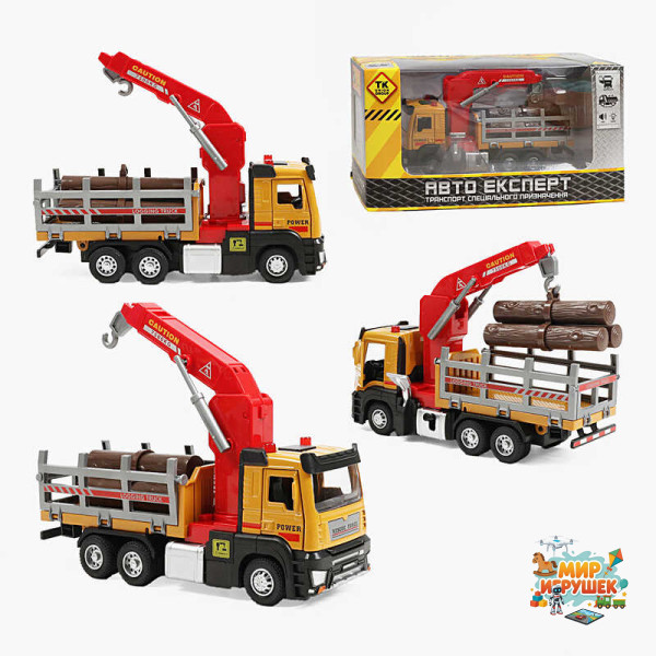 Спецтехніка LS-3774-86 (60/2) 'Самоскид з краном', металопластик, масштаб: 1:32, інерція, підсвічування, звук, рухомий кузов, обертовий кран з гаком, механічний підіймач, вантаж, гумові шини, в коробці