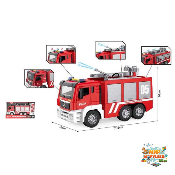 Спецтехніка WY 1124 A (18) “Пожежна машина”, масштаб: 1:10, підсвічування, звуки, інерція, помпова подача води, резервуар, гумові шини, в коробці