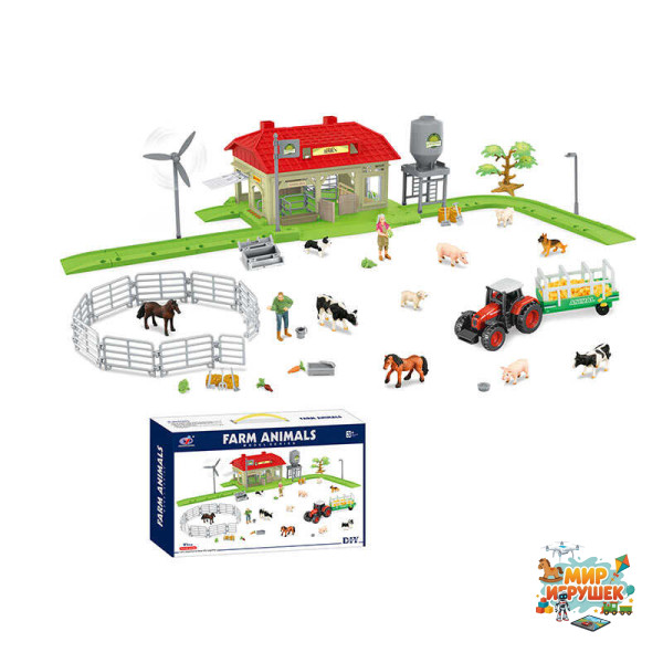 Ферма Q 9899 ZJ79 (12) 91 елемент, хлів, огорожі, траса, зернотерка, вітряк, фігурки людей і тварин, металопластиковий трактор, в коробці