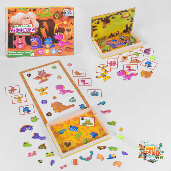 гр Дерев'яна магнітна дошка 'Маленькі монстри' 17037 (12) '4FUN Game Club Wood', 68 елементів, пазли, маркер, українською мовою, в коробці