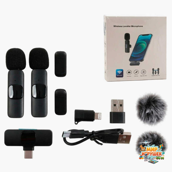 Мікрофон C 77361 (300) 2 мікрофони, бездротове підключення, USB-кабель, приймач для підключення до смартфона, хутряний вітрозахист, в коробці