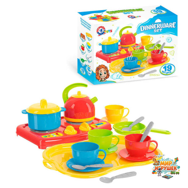 гр Кухня 'Маринка' 1554 (5) 'Technok Toys', чашки, блюдця, ложки, пательня, кастрля, чайник, плита, таця, в коробці