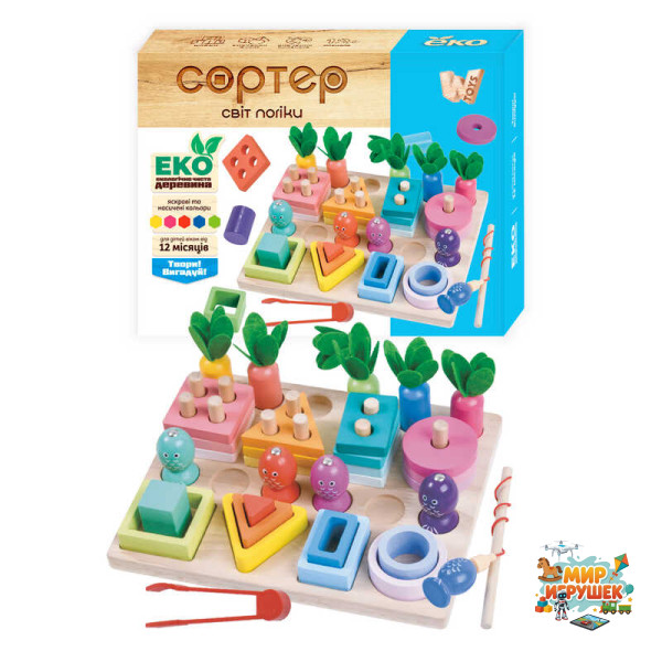 Логічна дерев’яна дошка 61714 (24) 'WToys', геометричний сортер, магнітна риболовля, щипці, гра з морквами, в коробці