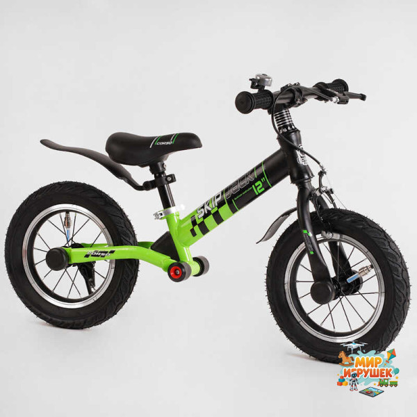 Велобіг Corso 'Skip Jack' 95112 (1) ЧОРНО-ЗЕЛЕНИЙ, надувні колеса 12', сталева рама з амортизатором, ручне гальмо, підніжка, в коробці