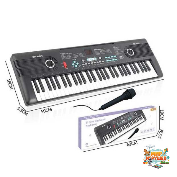 Синтезатор R 673 (20) 61 клавіша, USB-AUX кабель, мікрофон, працює від мережі або батарейок, звуки музичних інструментів, мелодії, регулювання гучності, функція запису, в коробці