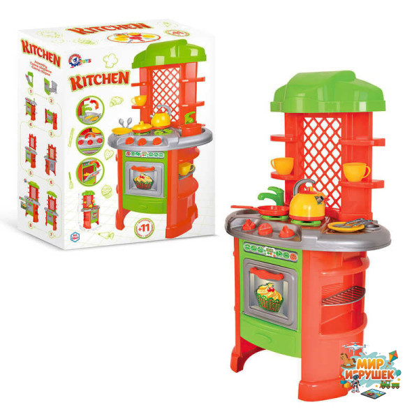 гр Кухня №7 0847 (3) 'Technok Toys', плита, полички, посуд, каструля, чайник, пательня, лопатки, в коробці