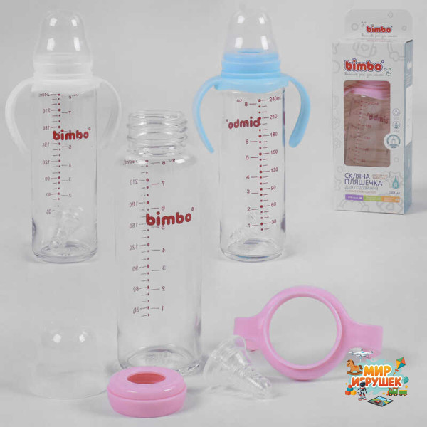 гр Пляшка скляна 33812 (48) з силіконовою соскою, 'BIMBO', 240 мл, 3 кольори, 1шт в коробці