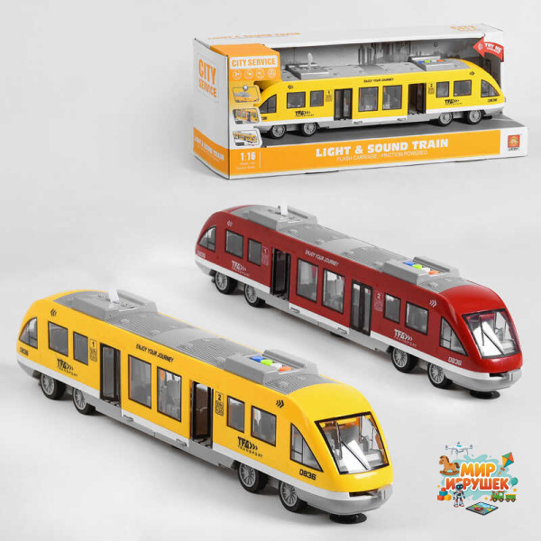 Потяг WY 920 AB (18) 'Швидкісний експрес', 2 кольори, підсвічування, звук, відкриваються двері, інерція, в коробці