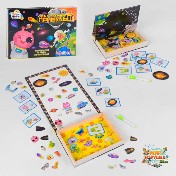 гр Дерев'яна магнітна дошка 'Космічні прибульці' 18094 (12) '4FUN Game Club Wood', 68 елементів, пазли, маркер, українською мовою, в коробці