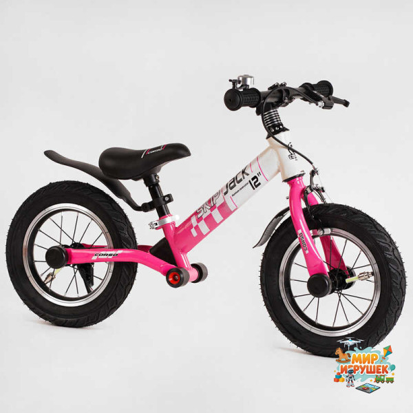 Велобіг Corso 'Skip Jack' 25025 (1) Рожево-білий, надувні колеса 12', сталева рама з амортизатором, ручне гальмо, підніжка, в коробці