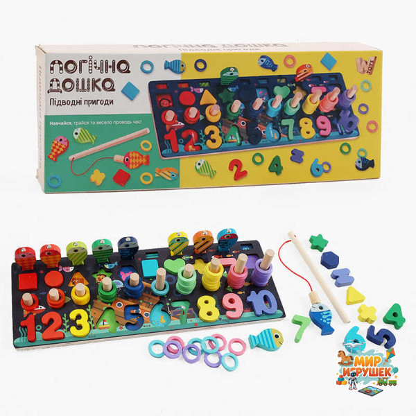 Логічна дерев’яна дошка 11825 (40) 'WToys', дерев'яна, 10 кольорових рибок, магнітна риболовля, цифри та фігури, кілочки, в коробці