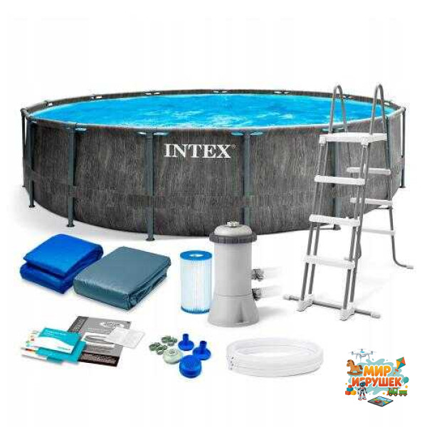 Intex Басейн каркасний 26744 NP (1) об'єм:24310л, розмір:549x122см, сходи, насос-фільтр:5 678 л/год, драбина, тент, підстилка), в коробці