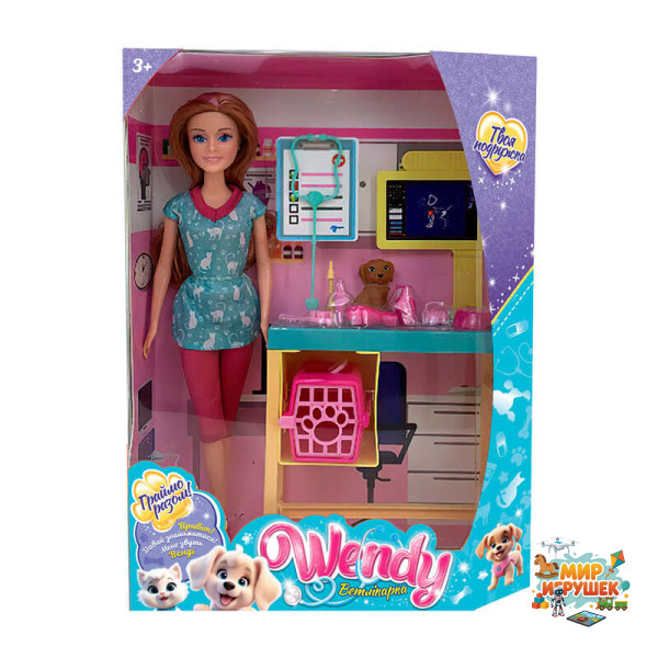 Лялька 73838 (18/2) 'Wendy', “Ветлікарка”, висота 30 см, оглядовий стіл, переноска, фігурка собачки, аксесуари, в коробці