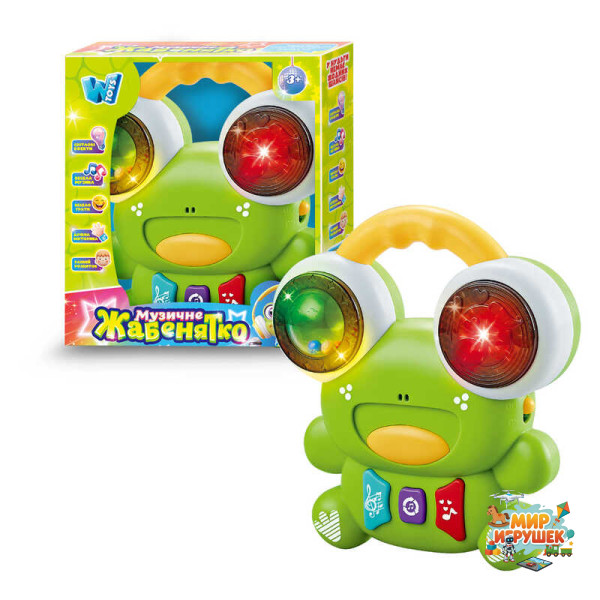 Музичне жабенятко 61653 (72) 'WToys', ОЗВУЧУВАННЯ УКРАЇНСЬКОЮ МОВОЮ, 10 пісень, 10 казок, 10 скоромовок, підсвічування, барабан, брязкальце, в коробці