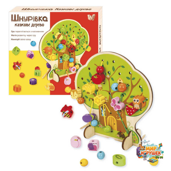 Шнурівка дерев'яна 43929 (24) 'WToys', фігурки, намистини, шнурок, дерево, в коробці
