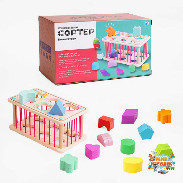 Дерев'яний геометричний сортер C 60434 (30) 'WToys', стінки з резинок, 12 дерев’яних фігурок, в коробці