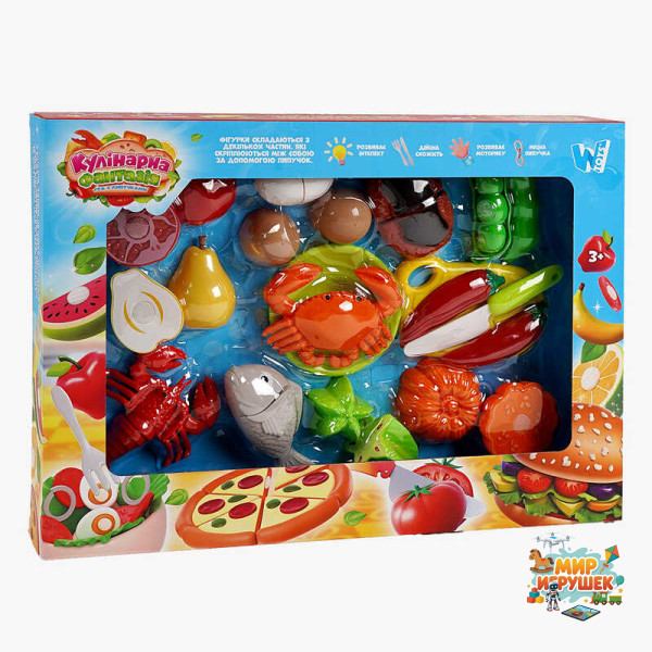 Набір продуктів “Кулінарна фантазія” 10280 (36/2) 'WToys', 24 елементи, овочі та фрукти на липучках, дошка для нарізання, ніж, в коробці