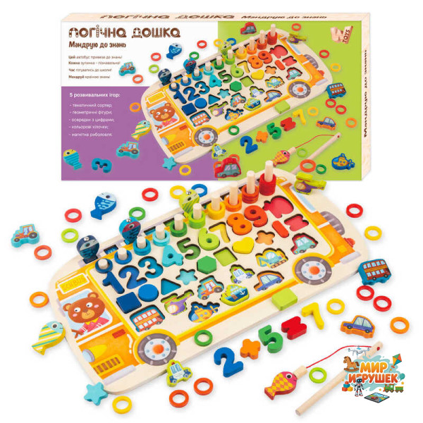 Логічна дерев’яна дошка 38512 (22) 'WToys', 'Автобус', сортер, магнітна риболовля, цифри, арифметичні знаки, геометричні фігури, транспорт, кілочки, кільця, в коробці