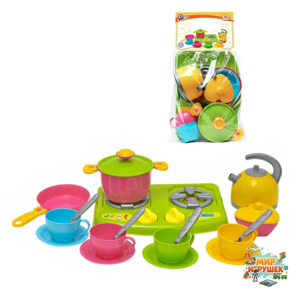 гр Набір посуду №6 3572 (10) 'Technok Toys' 20 предметів, плита з тріскачкою, в сітці
