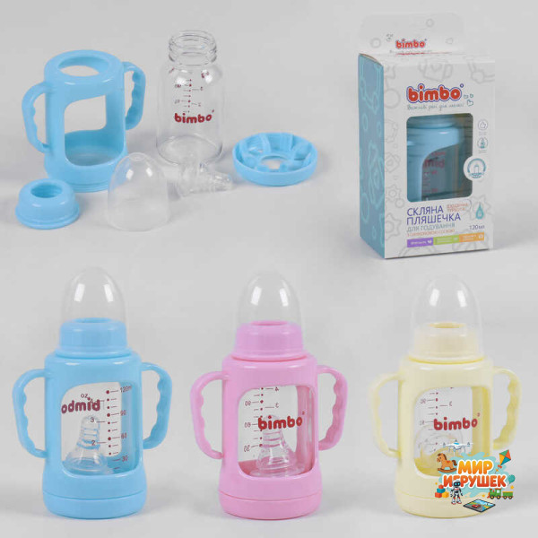 гр Пляшка скляна 99396 (48) 'BIMBO' з силіконовою соскою, 120 мл, 3 кольори, 1шт в коробці