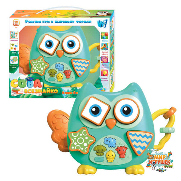 Музична іграшка 60980 (48) 'WToys', 'Сова-всезнайко', ОЗВУЧУВАННЯ УКРАЇНСЬКОЮ МОВОЮ, розмір: 22х4.5х15 см підсвічування, пісні, казки, віршики про тварин, сортер, намистини, регулювання гучності, в коробці