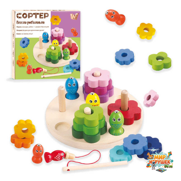 Логічна дерев’яна дошка 63544 (48) 'WToys', дерев’яна, фігури, вудка, магнітна риболовля, сортер за кольорами та формами, в коробці