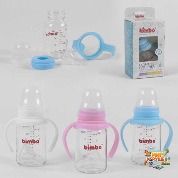 гр Пляшка скляна 55870 (48) з силіконовою соскою, 'BIMBO', 120 мл, 3 кольори, 1шт в коробці