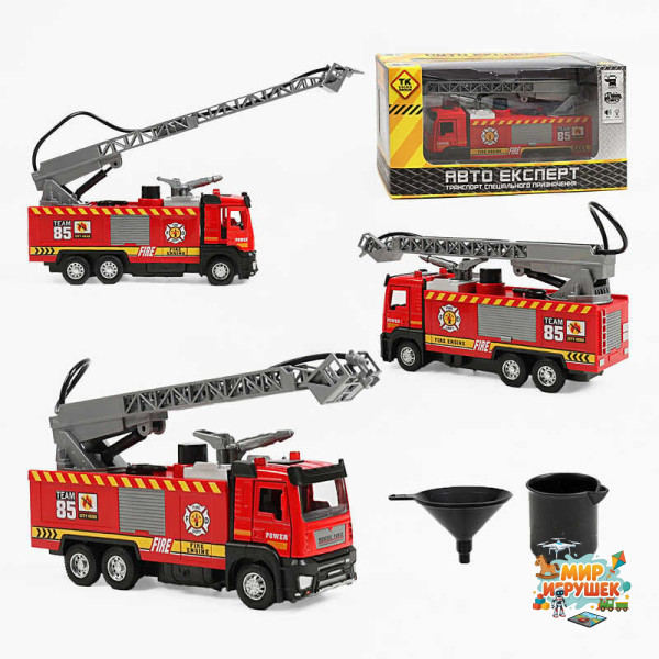 Спецтехніка LS-1008-31 (60/2) “Авто Експерт”, “Пожежна машина”, металопластик, масштаб: 1:32, інерція, підсвічування, звук, помпова подача води, резервуар, телескопічна драбина, відчиняються двері, гумові шини, в коробці