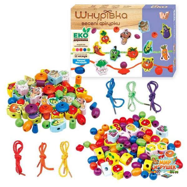 Шнурівка дерев'яна 63732 (30) 'WToys', намистинки, фігурки, в коробці