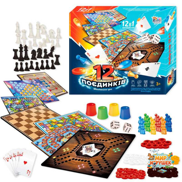 гр Гра 12 Поєдинків 92918 (12/2) '4FUN Game Club', ігрові поля, фішки, карти, шахи, шашки, кубик, в коробці