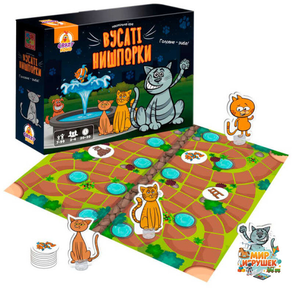 гр Гра настільна маршрутна 'Вусаті нишпорки' VT8055-44 (5) 'Vladi Toys', гральне поле, 16 жетонів, 4 фігурки котів, 4 підставки, гральний кубик, правила гри, в коробці