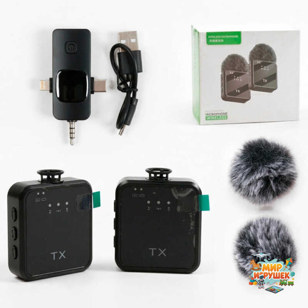 Мікрофон C 77362 (100) 2 мікрофони, бездротове підключення, USB-кабель, приймач для підключення до смартфона, хутряний вітрозахист, в коробці
