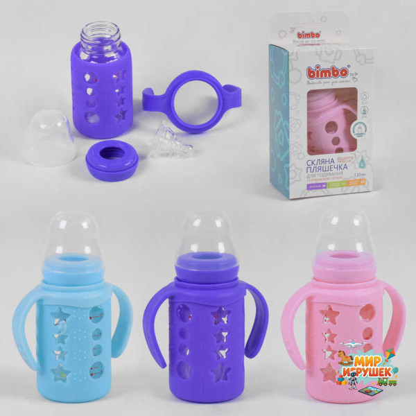 гр Пляшка скляна 75130 (48) з силіконовою соскою, 'BIMBO', 120 мл, 3 кольори, 1шт в коробці