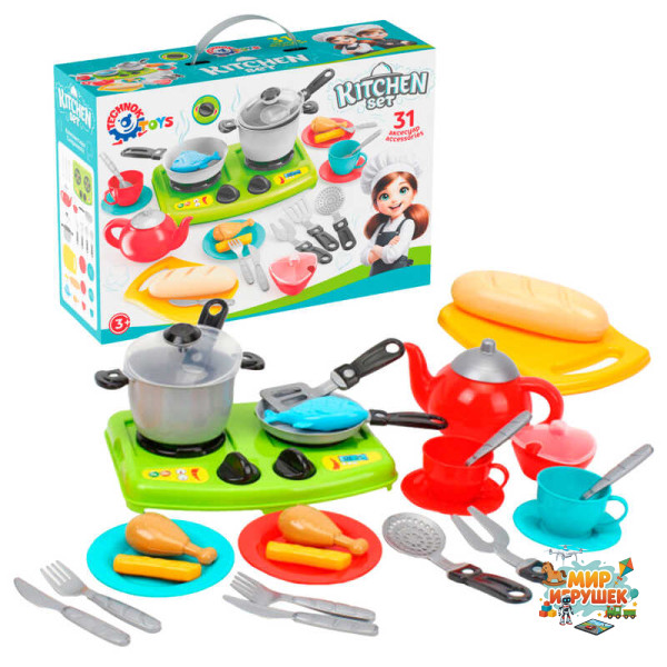 гр Набір посуду 3366 (5) 'Technok Toys', 31 предмет, плита, чайник, посуд, муляжі їжі, в коробці